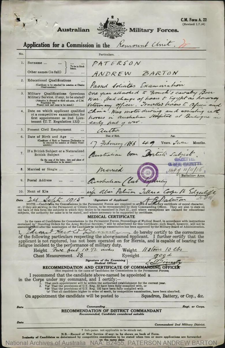 A page of copperplate handwriting from a digitised First AIF service record
