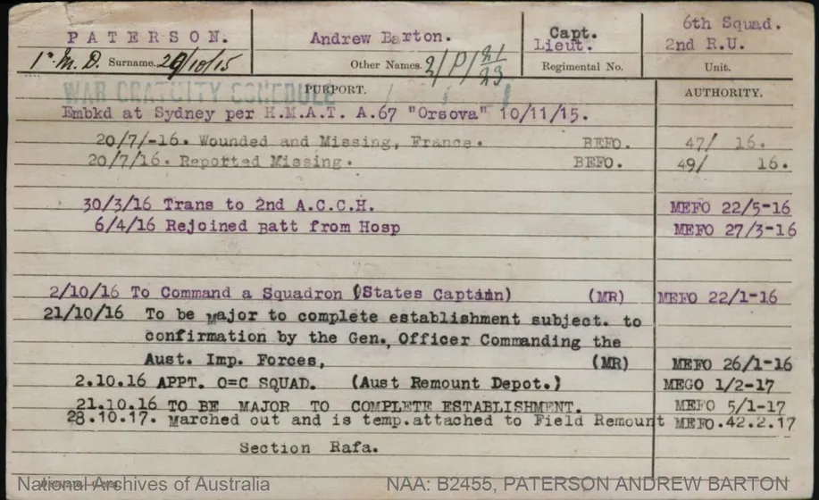 Banjo Paterson's War Gratuity Schedule from his WWI service record